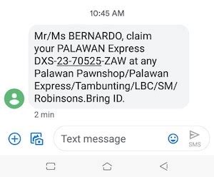 palawan express text message claim